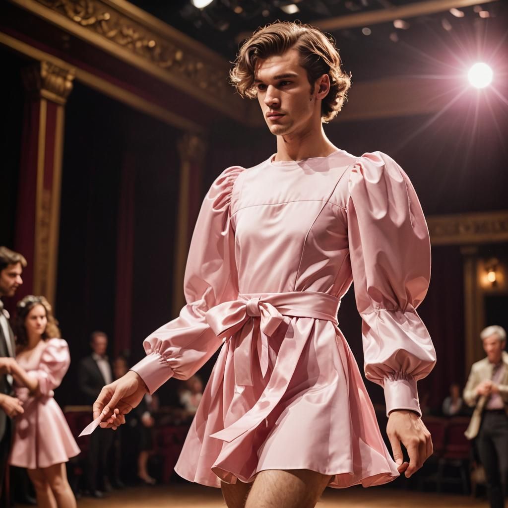 Theatrical Fashion: Young Man in Pink Ribbon Minidress