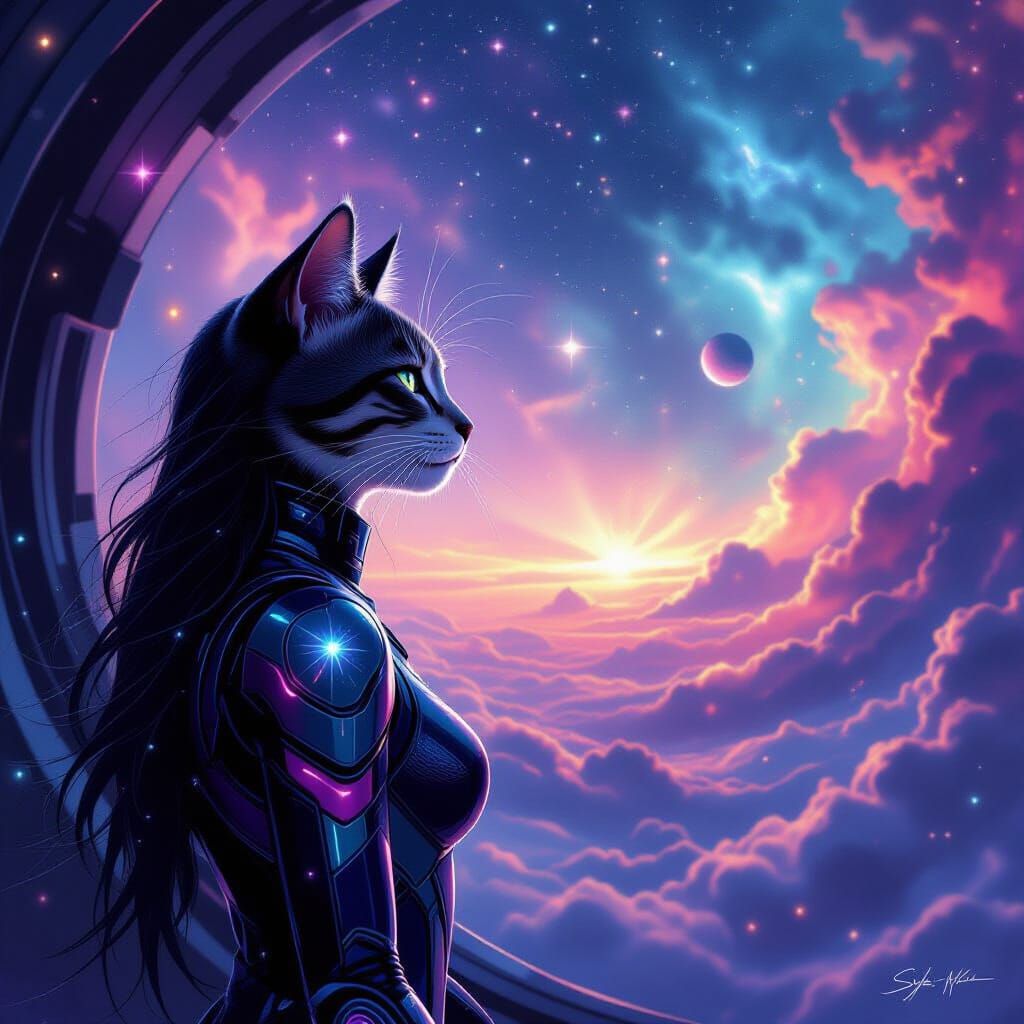 Cosmic Cat Woman in Bioluminescent Digital Painting Style