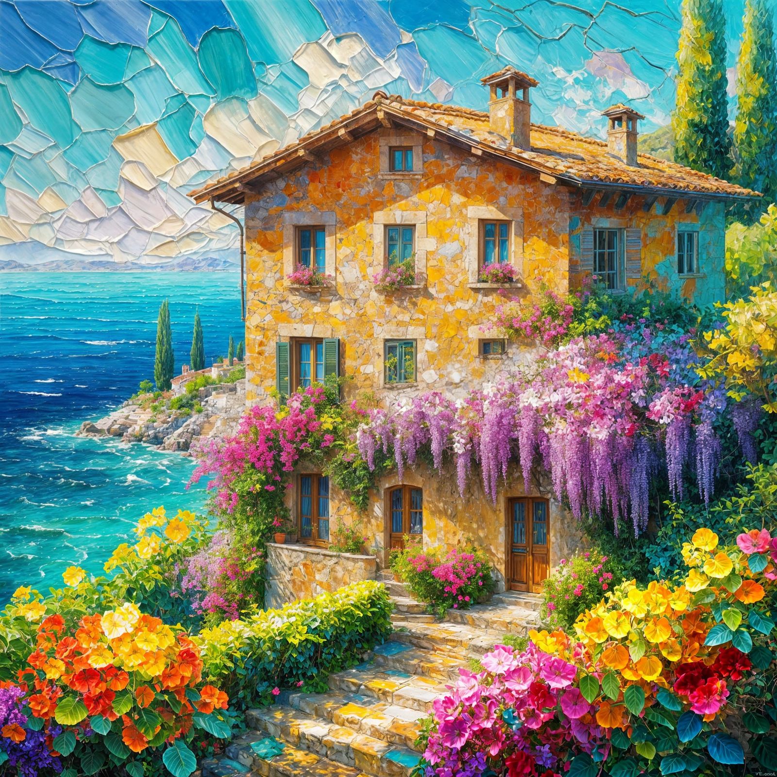 Tuscan House Oil Painting with Turquoise Sea