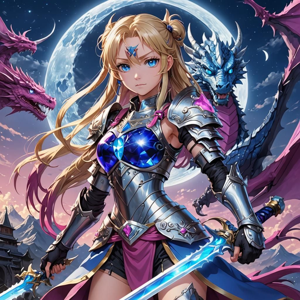 Anime Female Warrior with Dragon Armor and Crystal Sword
