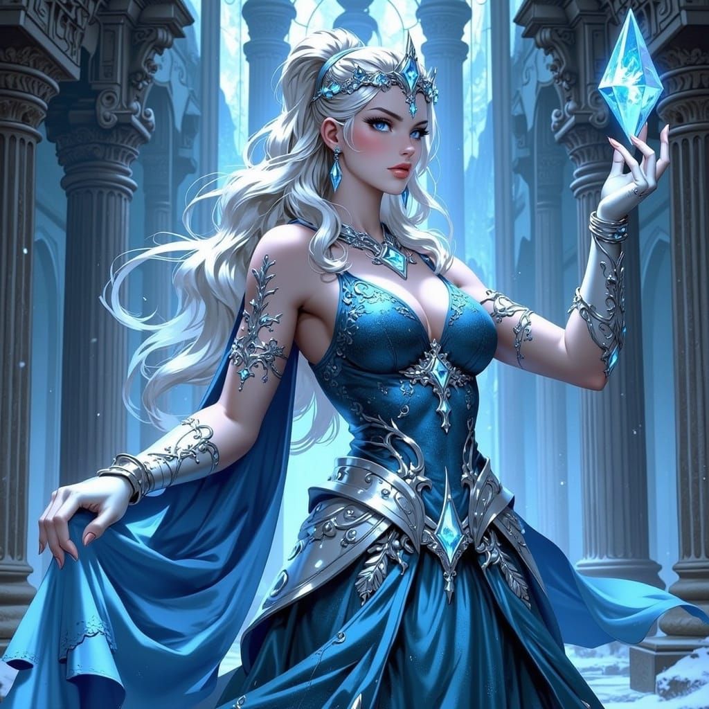 Ethereal Ice Queen with Frosty Gown and Majestic Crown