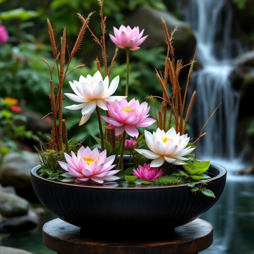 Ethereal Lotus Ikebana in a Japanese Garden