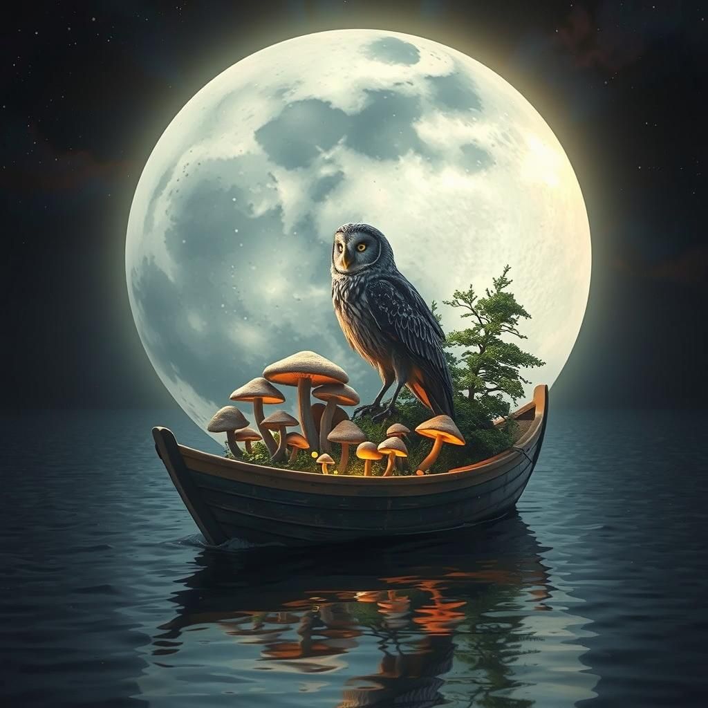 Heron Owl on Moon Boat, Digital Concept Art