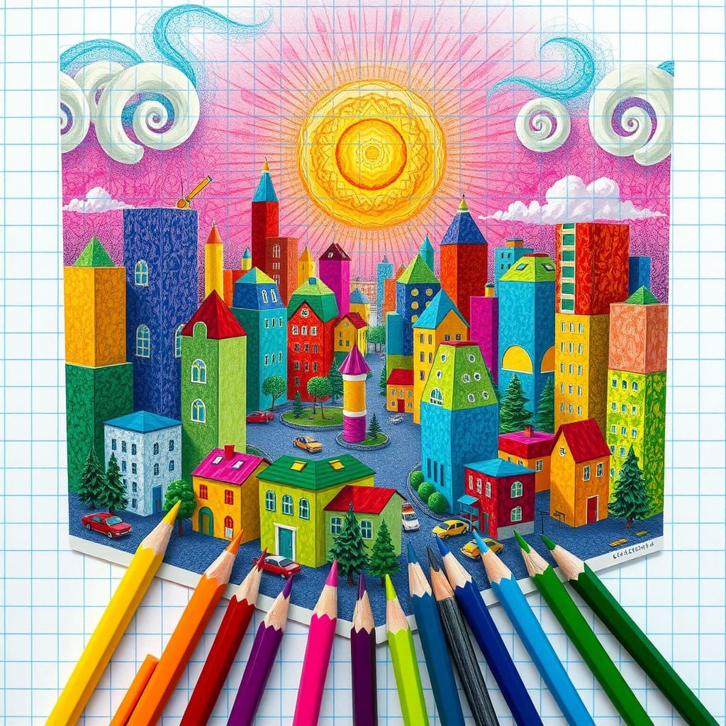 Whimsical Grid Cityscape in Vibrant Patchwork Colors