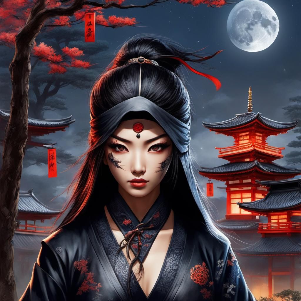 Enigmatic Tattooed Kunoichi in Zen Garden, Ukiyo-e Style