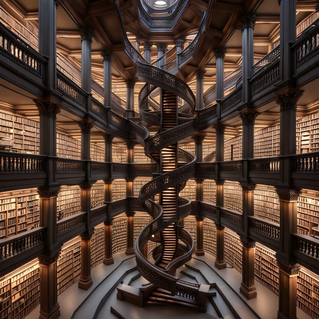Infinite Museum Library with Escher Stairs in Cyberpunk Styl...