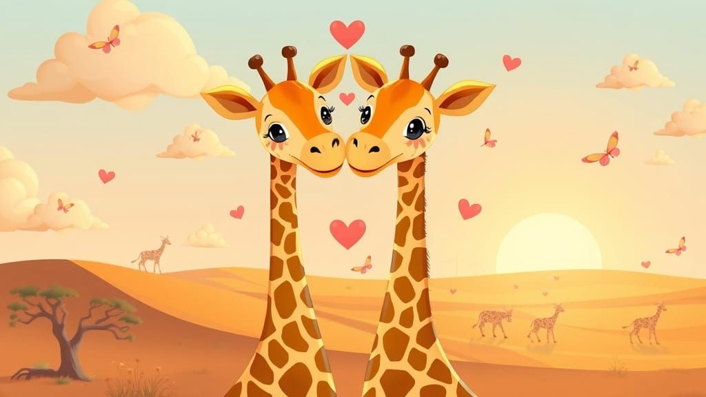 Giraffe Couple Embracing in a Whimsical Savanna Scene