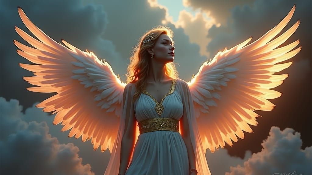 Archangel in Luminescent Clouds with Rainbow Feather Wings