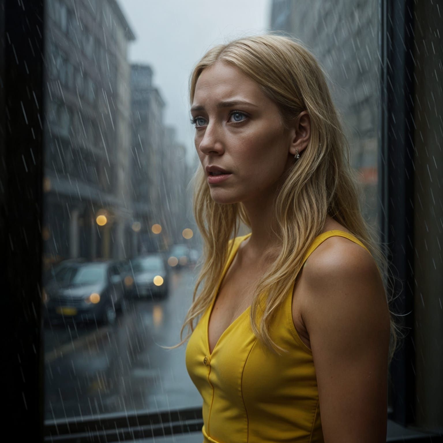 Woman in Yellow Dress in Rainy Cityscape