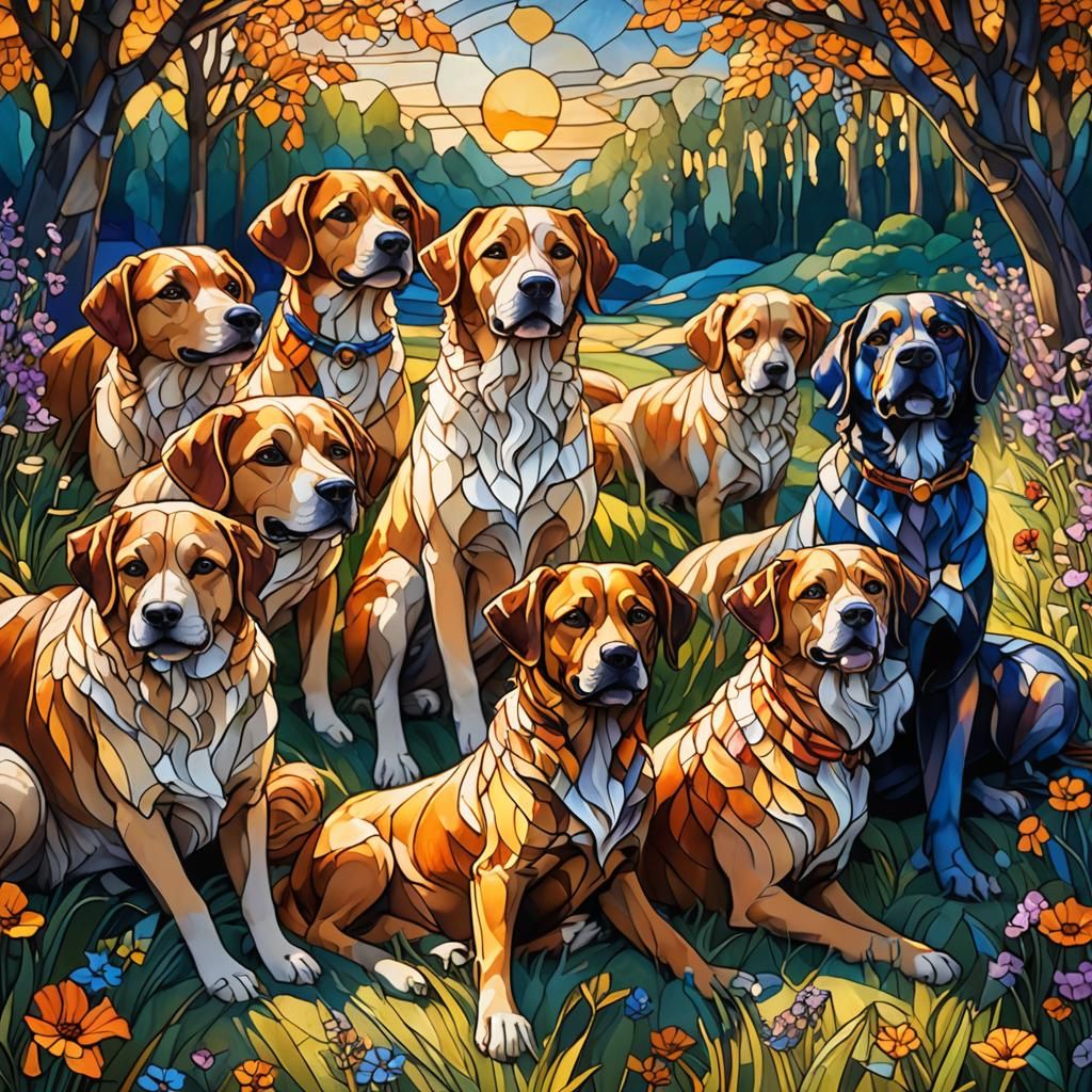 Stained Glass Dogs in Sunlit Meadow