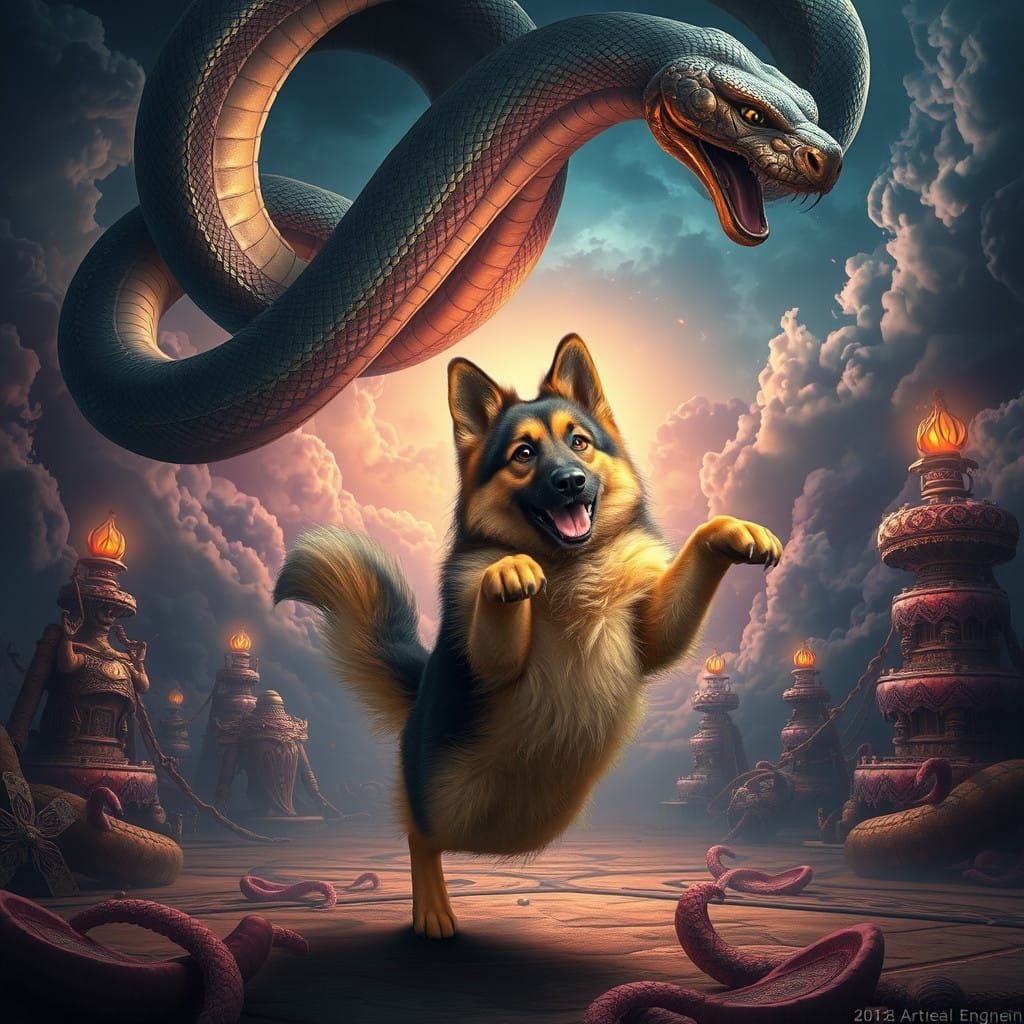 German Shepherd Limbo Dances Under Majestic Serpentine Snake