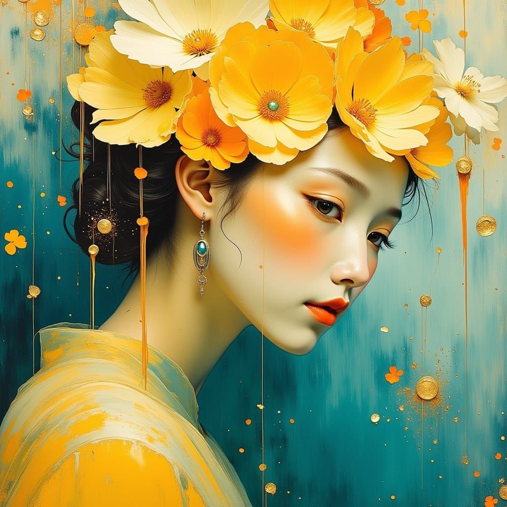 Vibrant Amber & Teal Portrait in Soft Oil Painting Style