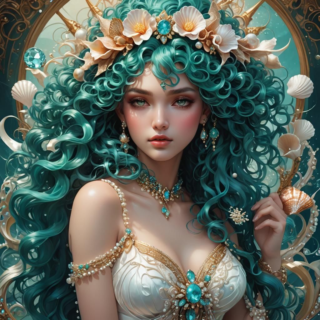 Turquoise-Haired Sea Goddess: Hyperdetailed Portrait