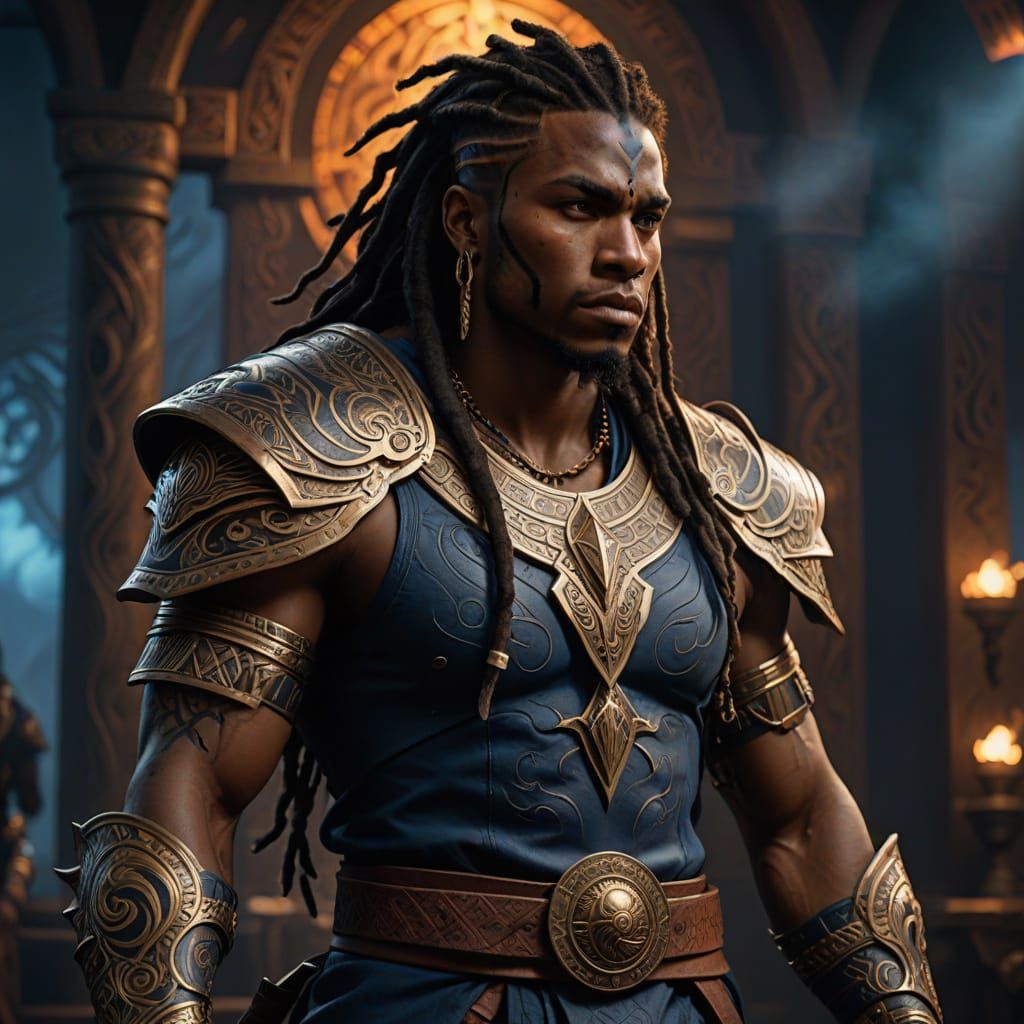 Epic Fantasy Warrior with Tribal Tattoos and Golden Accents