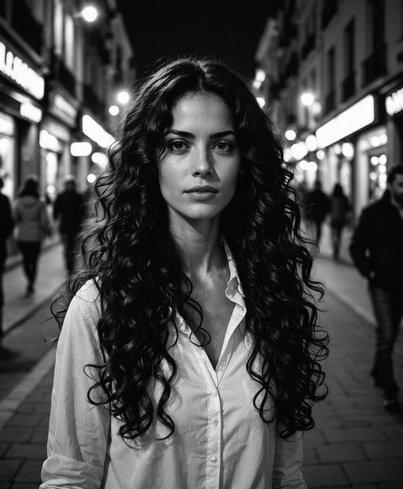 Spanish Woman Walking Madrid Streets at Night