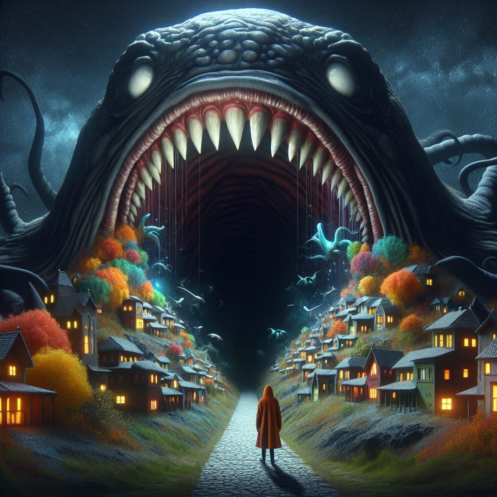 Nightmarish Portal Creature with Tiny Houses