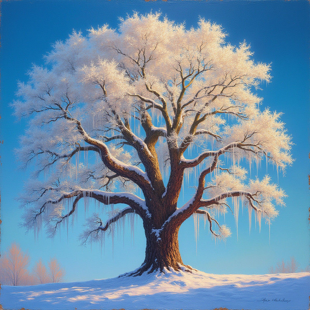 Icy Tree Bathed in Sunlight: Oil Painting Style
