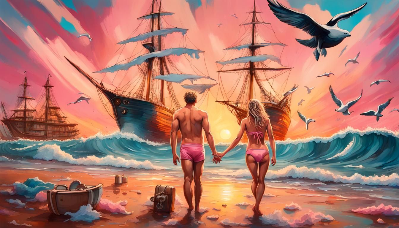 Happy Couple on Beach in Splash Art Style