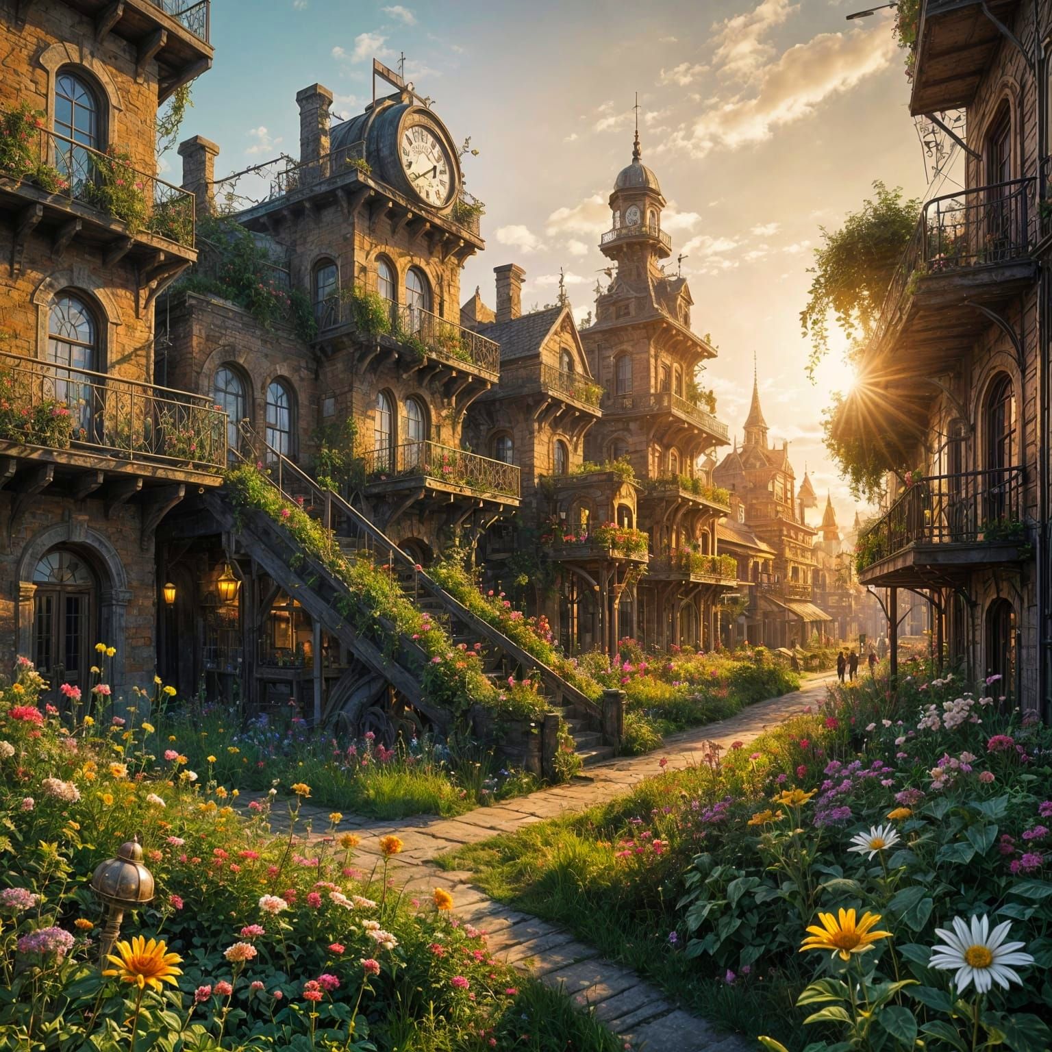 Golden Hour Steampunk Cityscape Overgrown with Vibrant Flora...