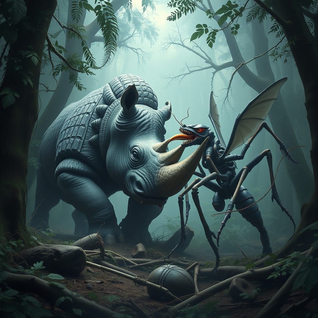 Fantasy Rhinoceros vs Ant Eater Battle in Primeval Forest