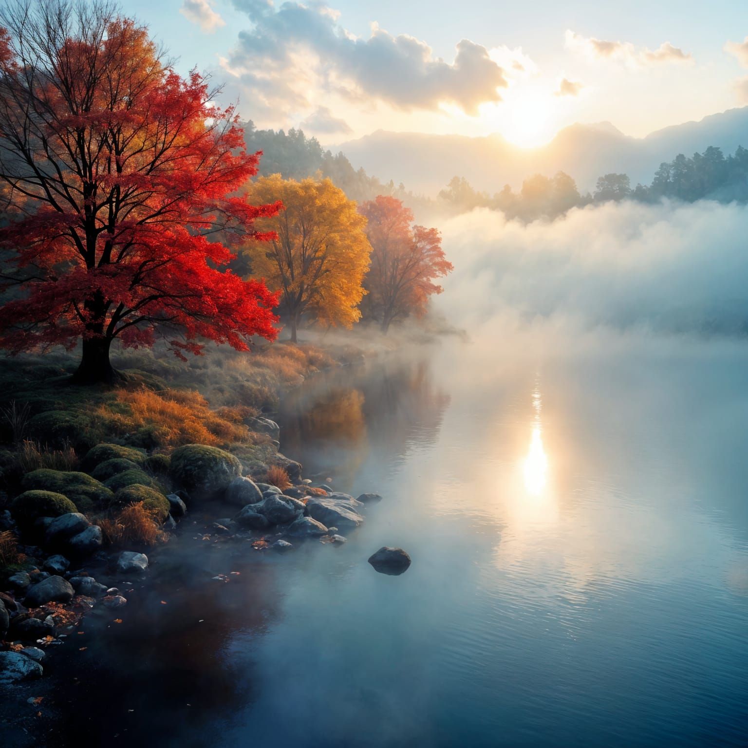Misty Autumn Lake at Sunset