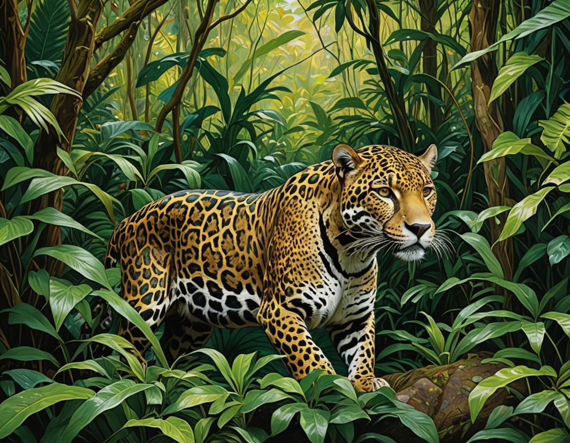 Jaguar in Paradise Rainforest: Van Gogh Style