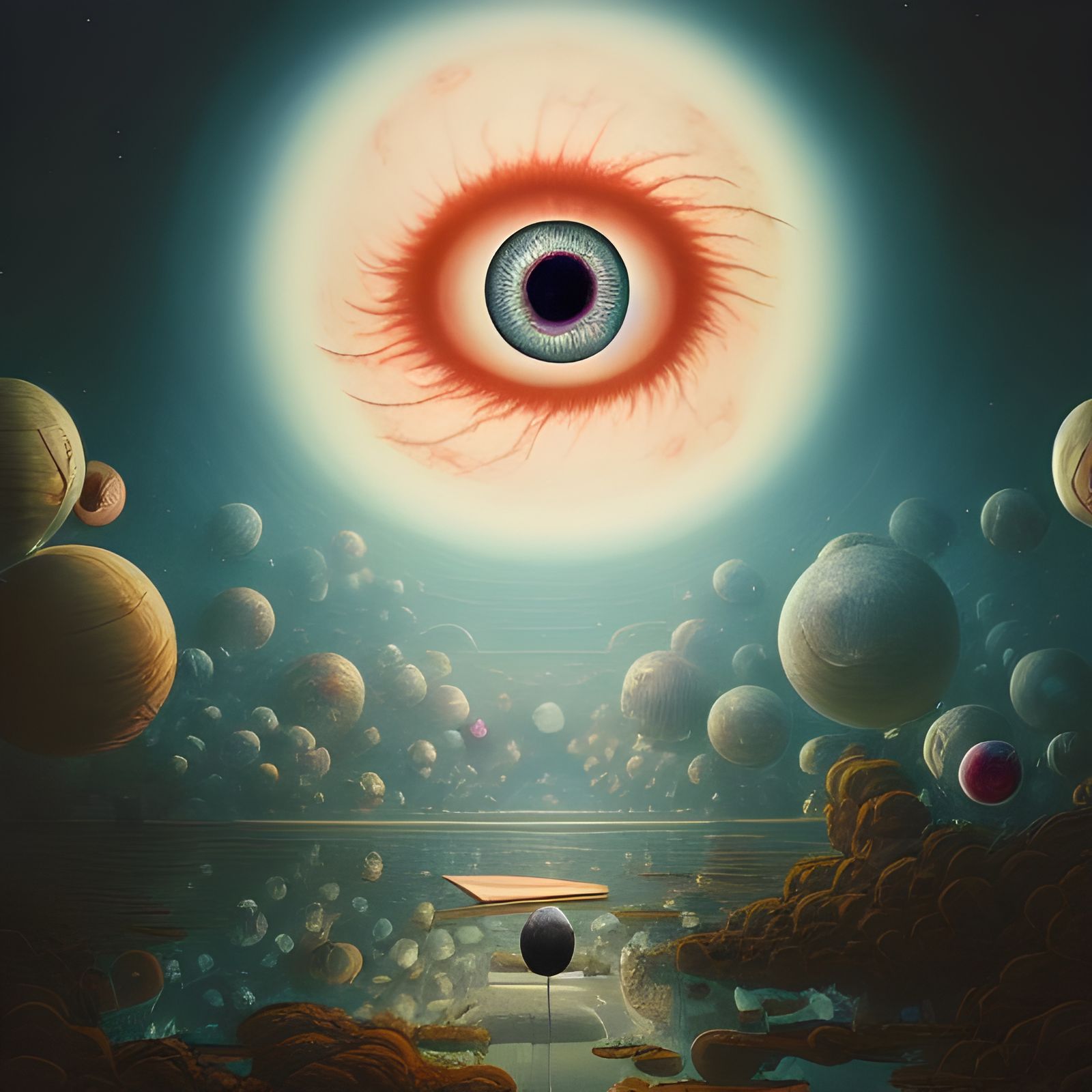 Gigantic Eyeball Floating Through Space in Surreal Style