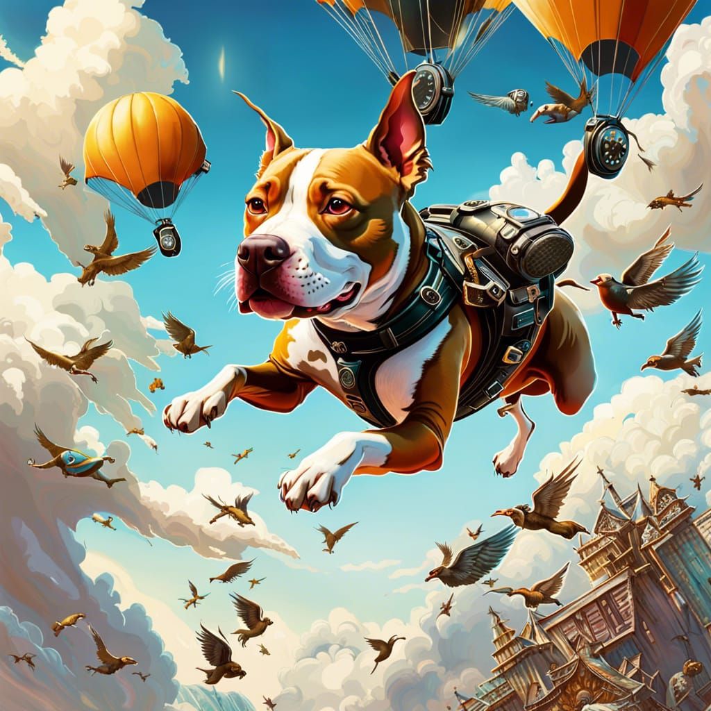 Pitbull Skydiving: Dynamic Ink Illustration in Warm Colors