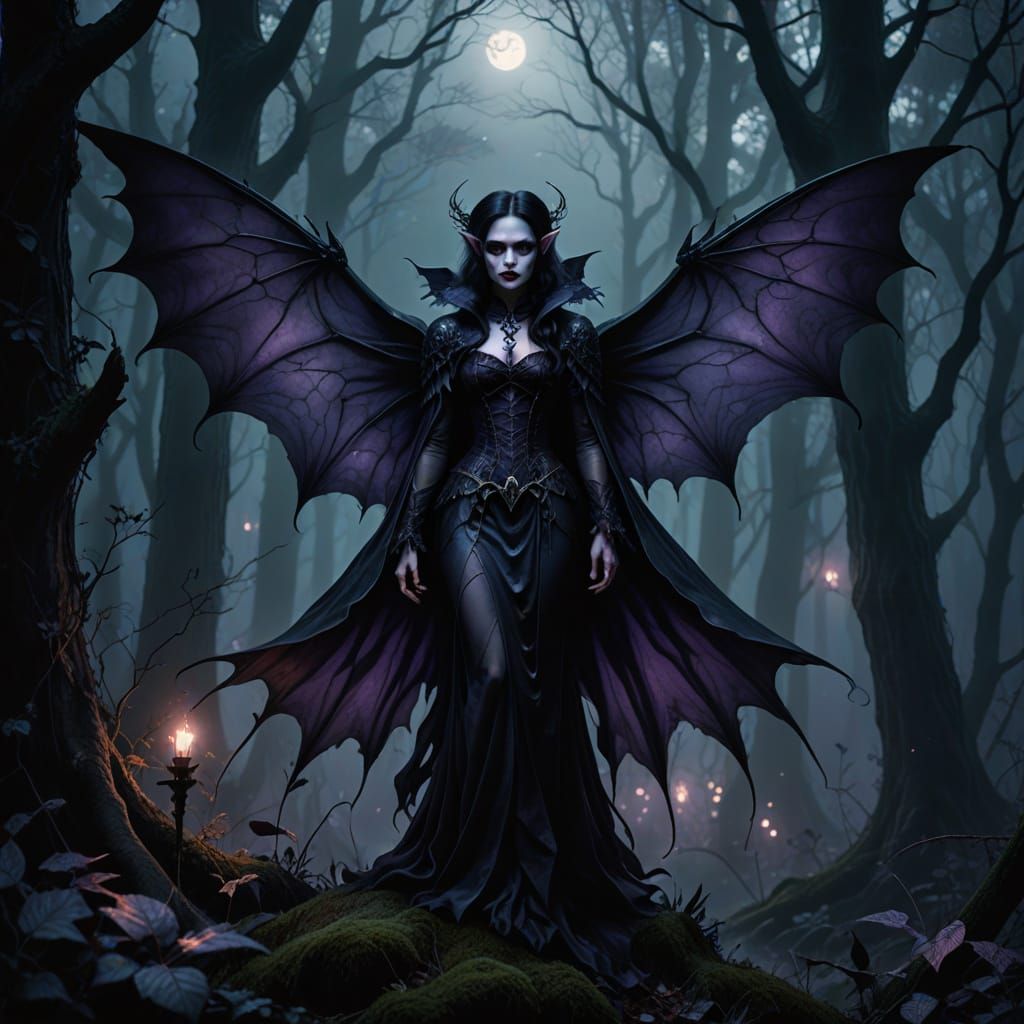 Mystical Vampire Fairy in a Whimsical Dark Forest