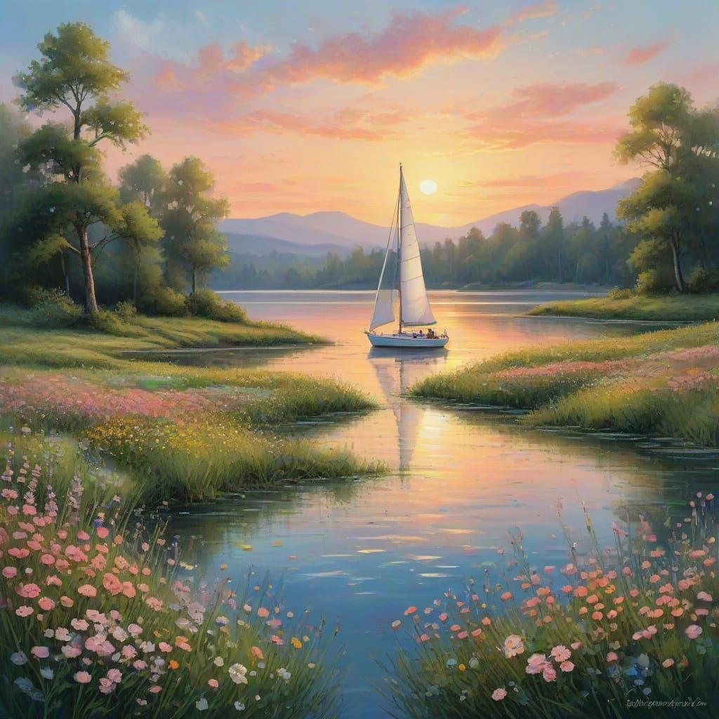 Dreamy Summer Sailboat Scene in Vibrant Colors