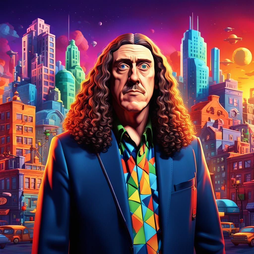 Weird Al Yankovic in Cartoon Cityscape, Pixar Style