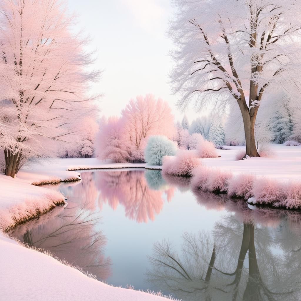 Pastel Winter Wonderland Scene with Pond