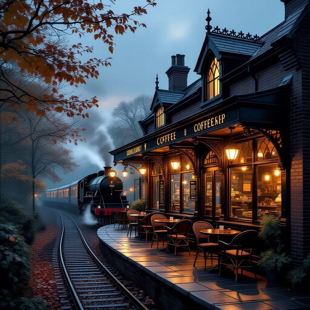 Gothic Railway Coffee Shop in Autumn Glow