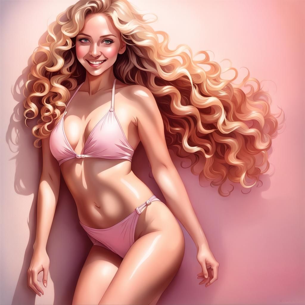 Scandinavian Blonde in Pink Monokini with Curls