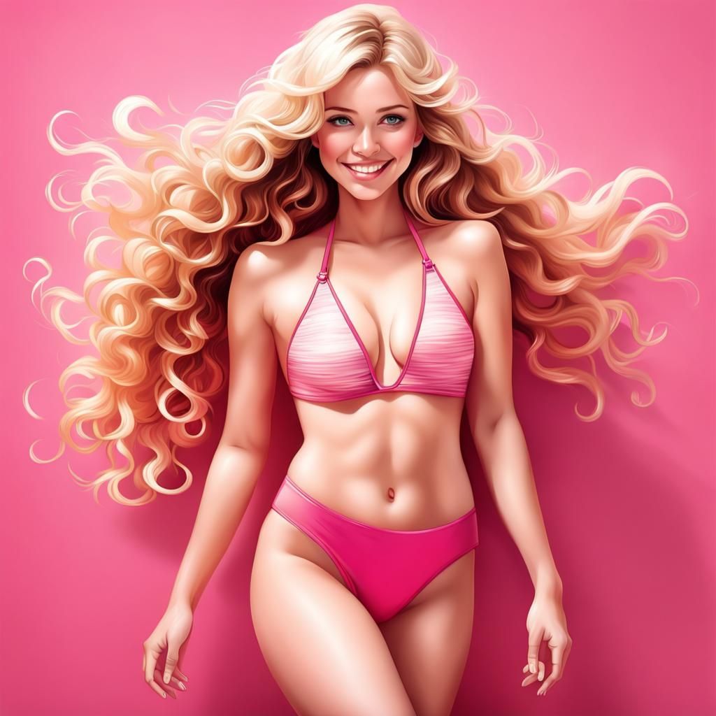 Scandinavian Blonde with Flowing Hair and Pink Monokini