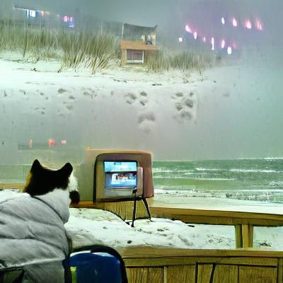 Cat Watches TV on Snowy Beach