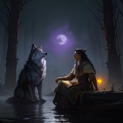 Native American Woman and Wolf Howling at Moon