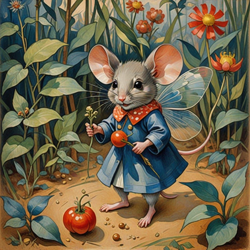 Mouse Fairy Stealing Grains: Serebriakova and Klee Style