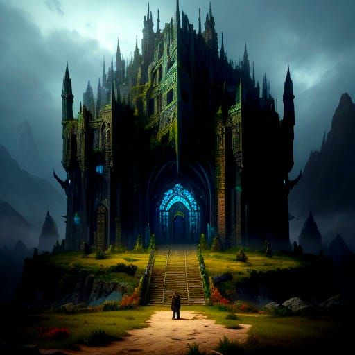 Fantastical Orc Standing at Hillside Burrow Entrance