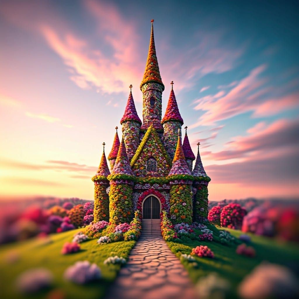 Whimsical Flower Castle in Surreal Tilt-Shift Style