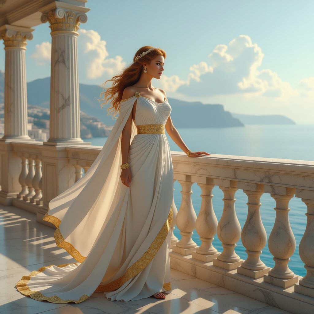 Helen of Troy on Mycenaean Balcony, Hyper-Realistic Textures