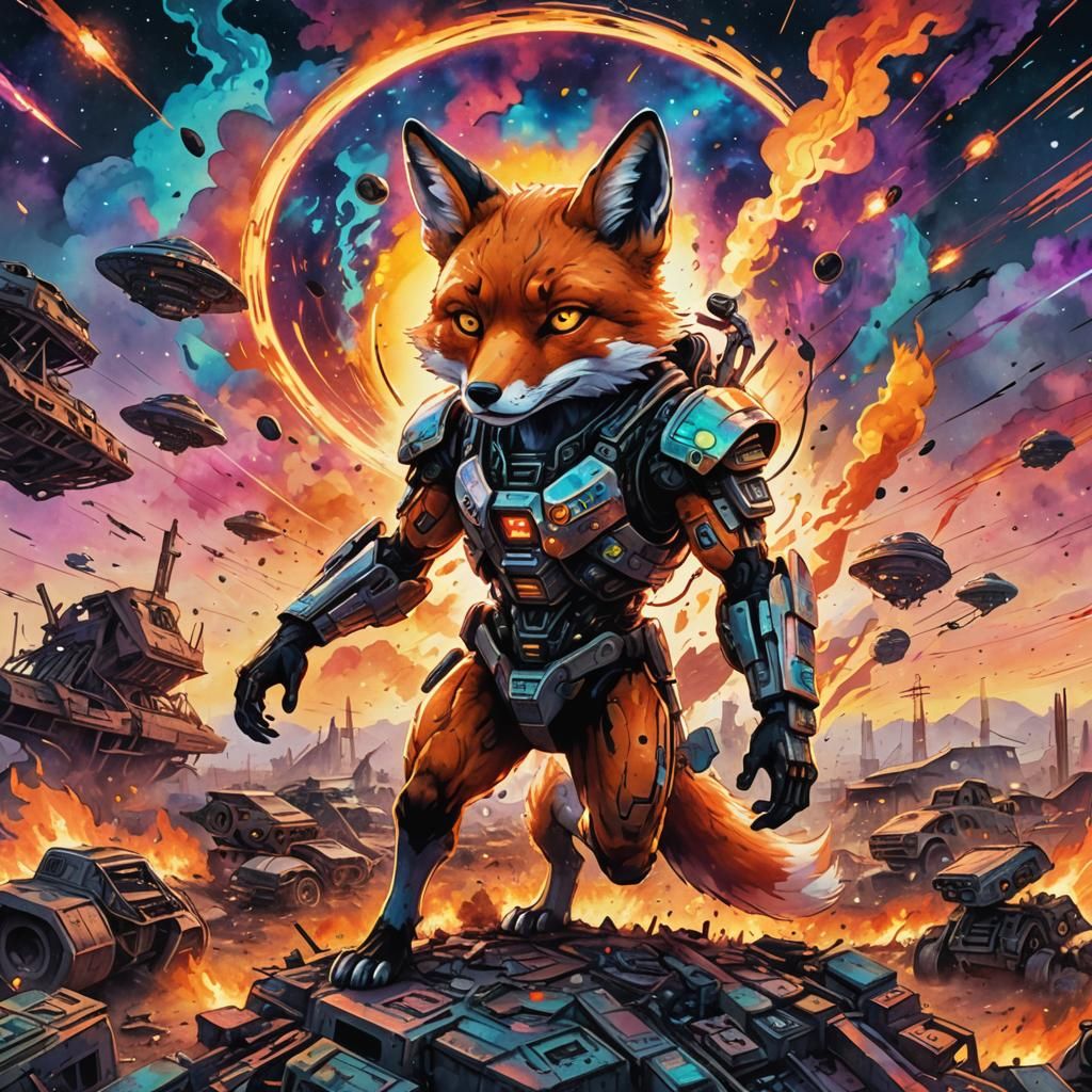 Cyborg Fox in Junkyard: Vibrant Watercolor Illustration