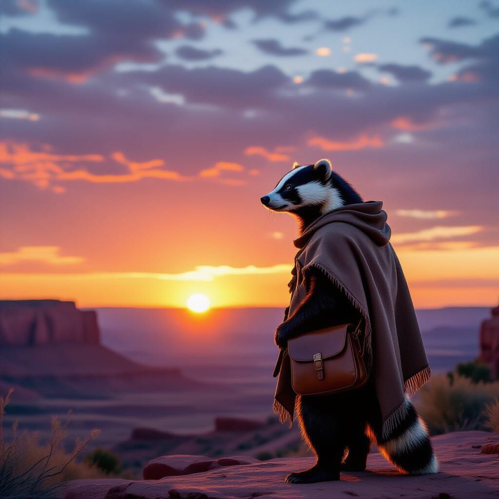 Badger on Mesa at Sunset: Cinematic Film Still