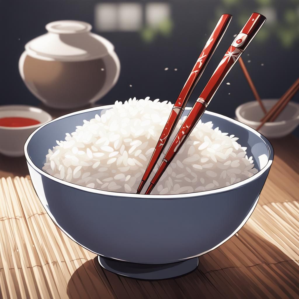 Bowl of Rice with Chopsticks in Anime Style