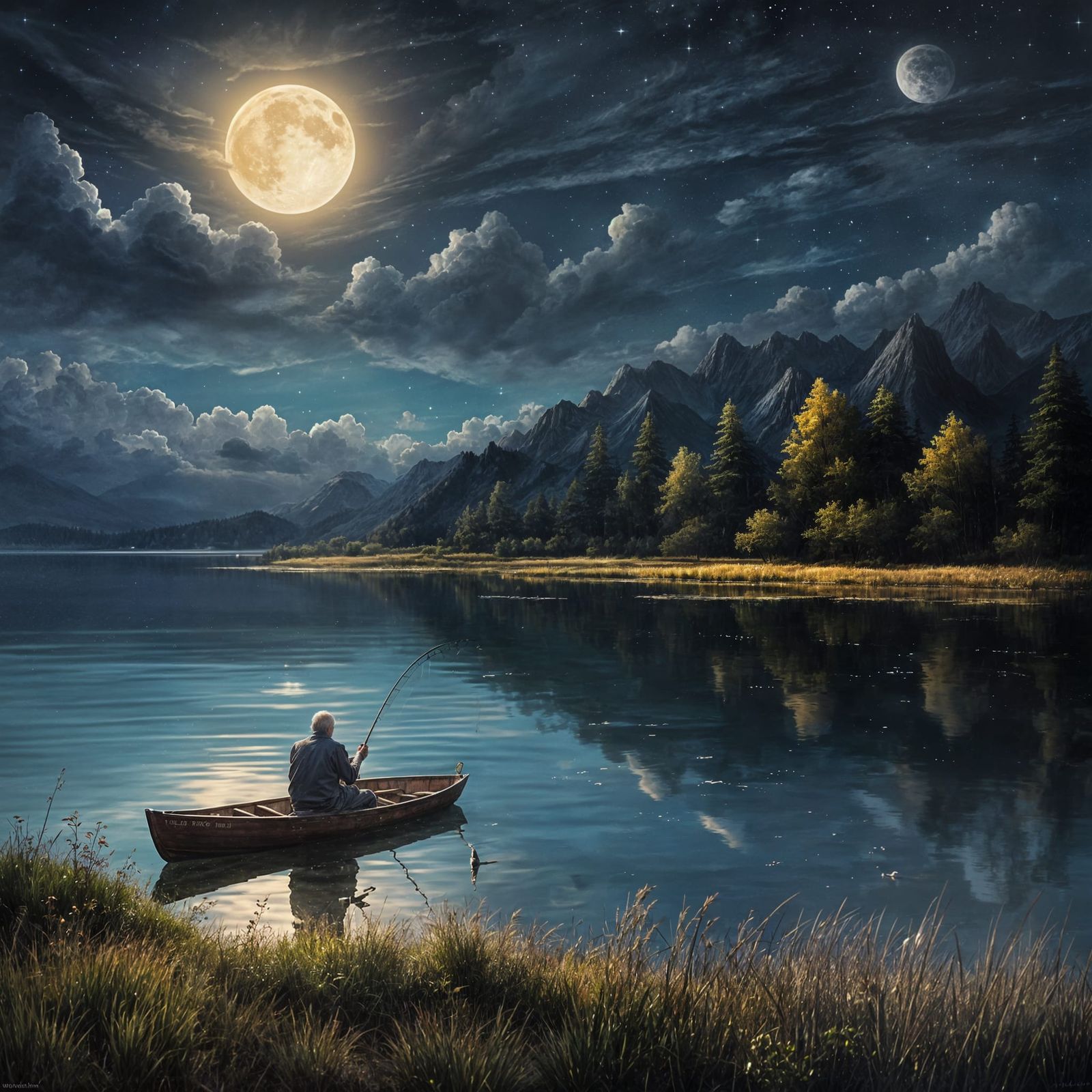 Fisherman on Lake Under Full Moon, Realistic Digital Art