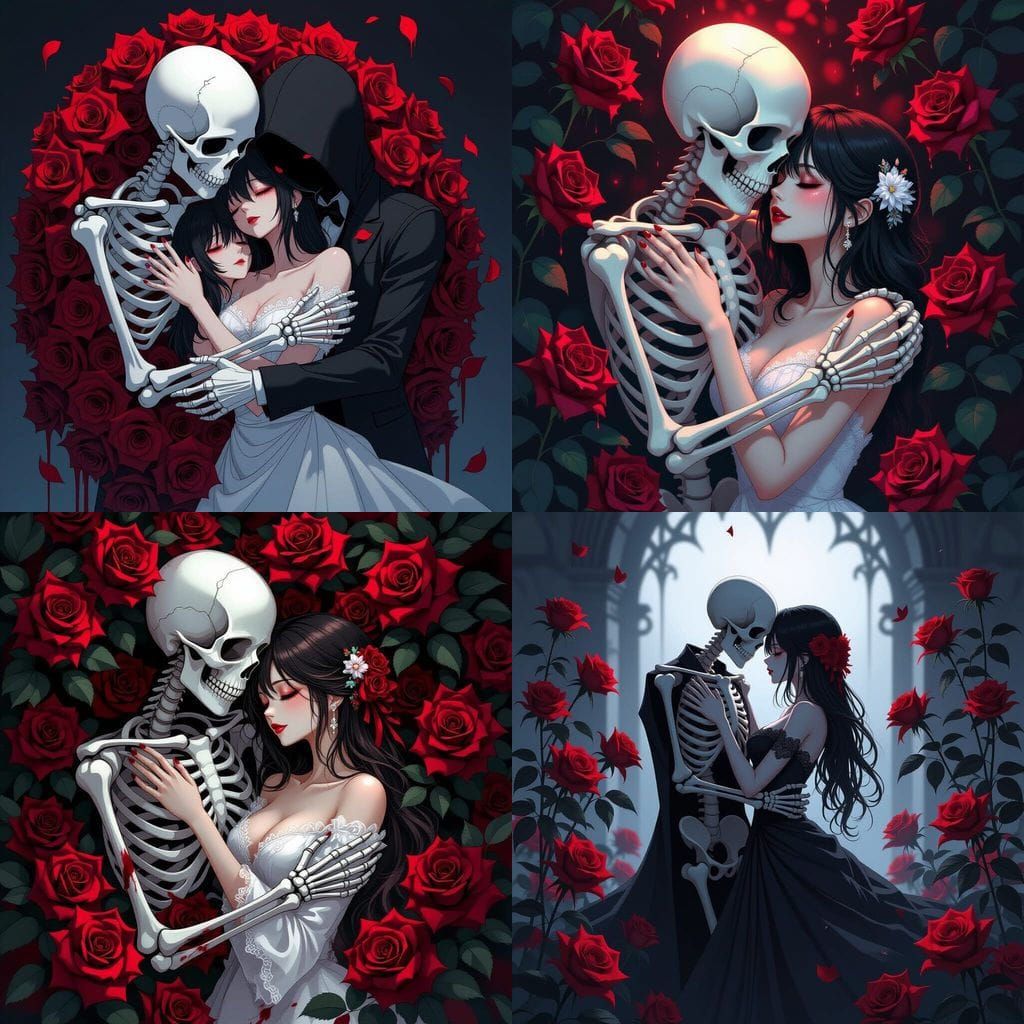Skeleton Embraces Woman Amidst Bloody Roses in Anime Style
