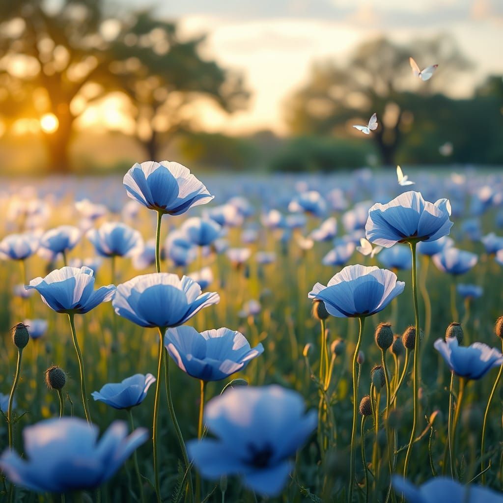 Blue Poppy Field at Sunset: Surreal Watercolor Art