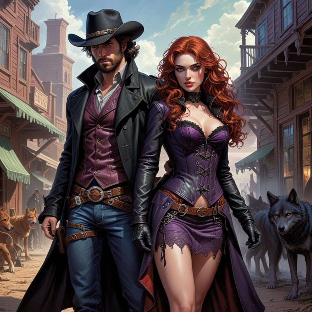 Western Lovers Surrounded by Wolves in a Comic Book Art Styl...