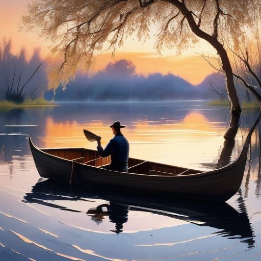 <lora:Dreamshaper RoyJ:1.0> A lone canoe drifting on a large lake in sunset under a willow tree
