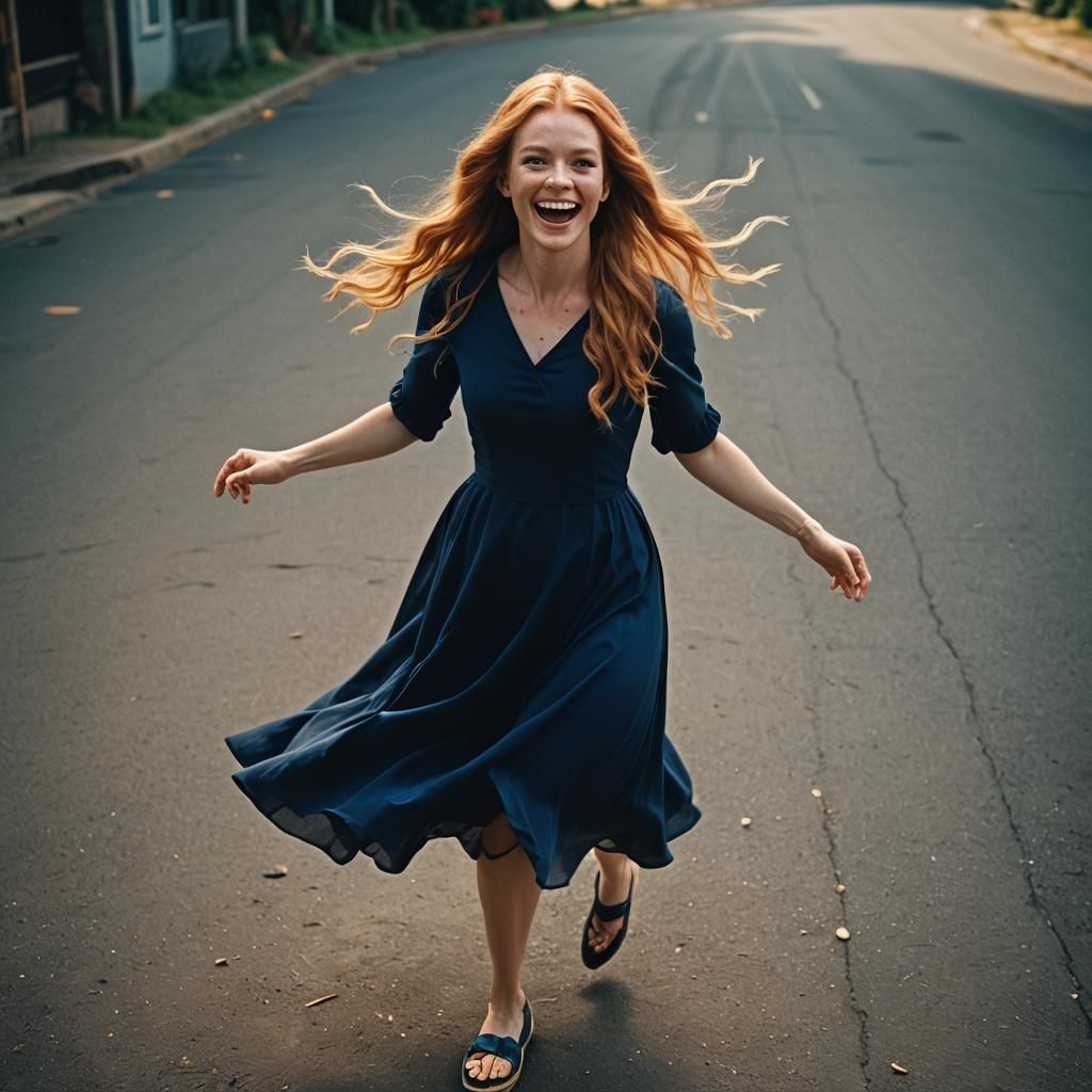 Surreal Cinematic Portrait of a Blonde Girl Spinning in a Na...